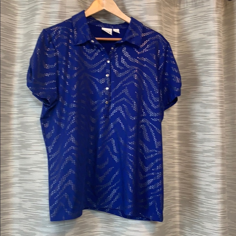 Chico's Cobalt Blue Short Sleeve Polo with Sheer Zebra-Print